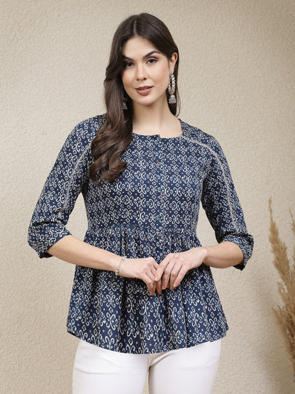 Stylum blue cotton printed top – wholesale manufacturer & exporter from India