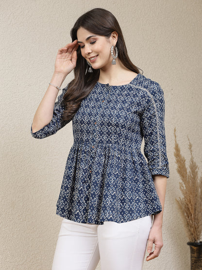 Ethnic Motif Printed Cotton Peplum Top