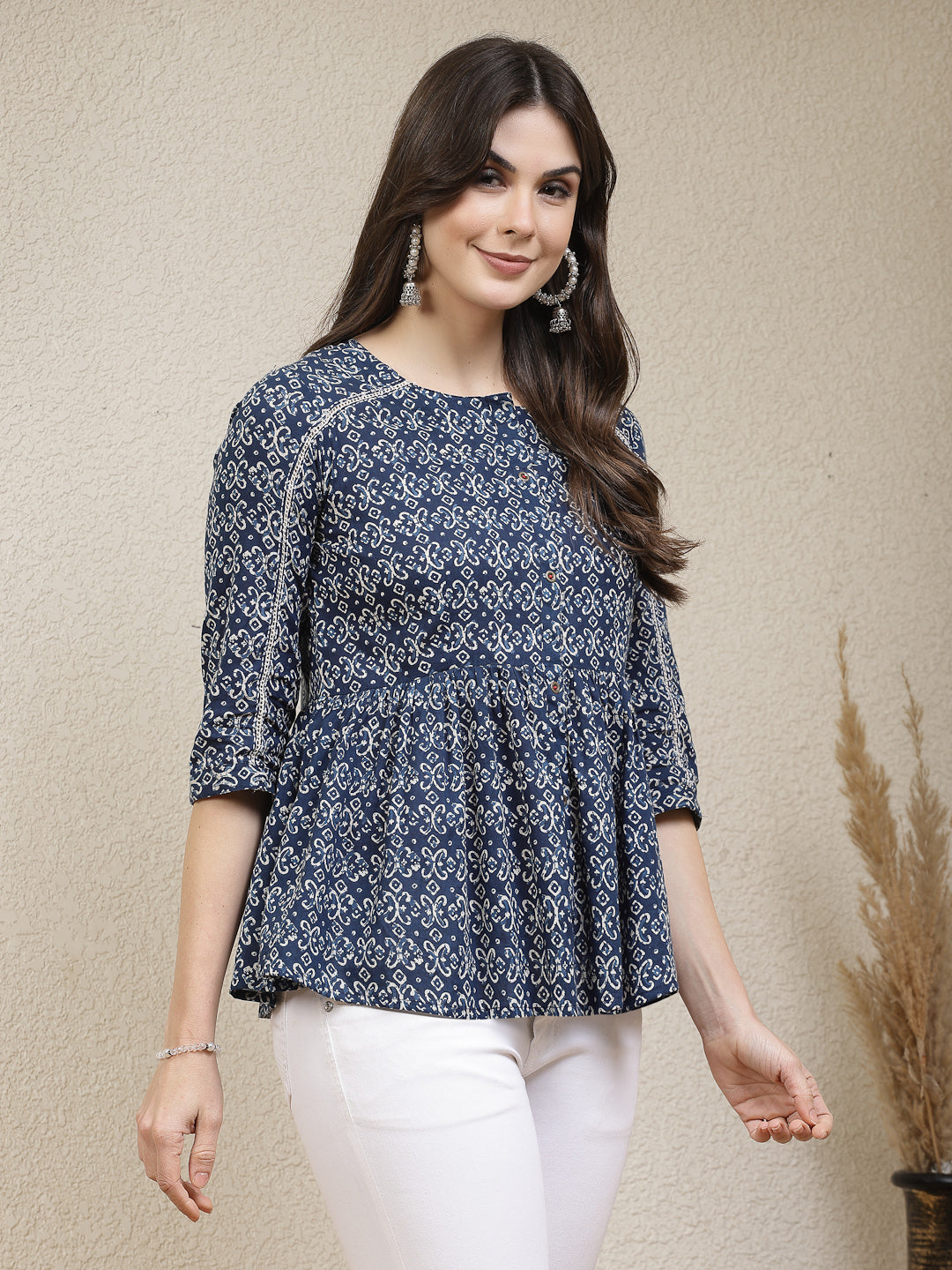 Ethnic Motif Printed Cotton Peplum Top