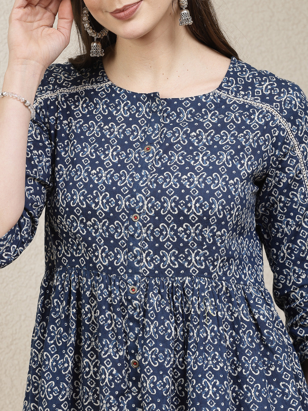 Ethnic Motif Printed Cotton Peplum Top (Pre-Order)