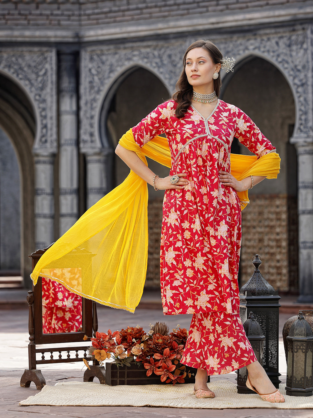 Floral Printed Cotton Pleated Kurta Palazzo Dupatta Set