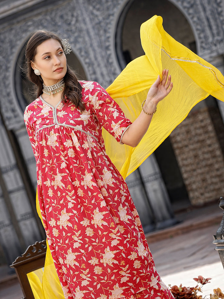 Floral Printed Cotton Pleated Kurta Palazzo Dupatta Set