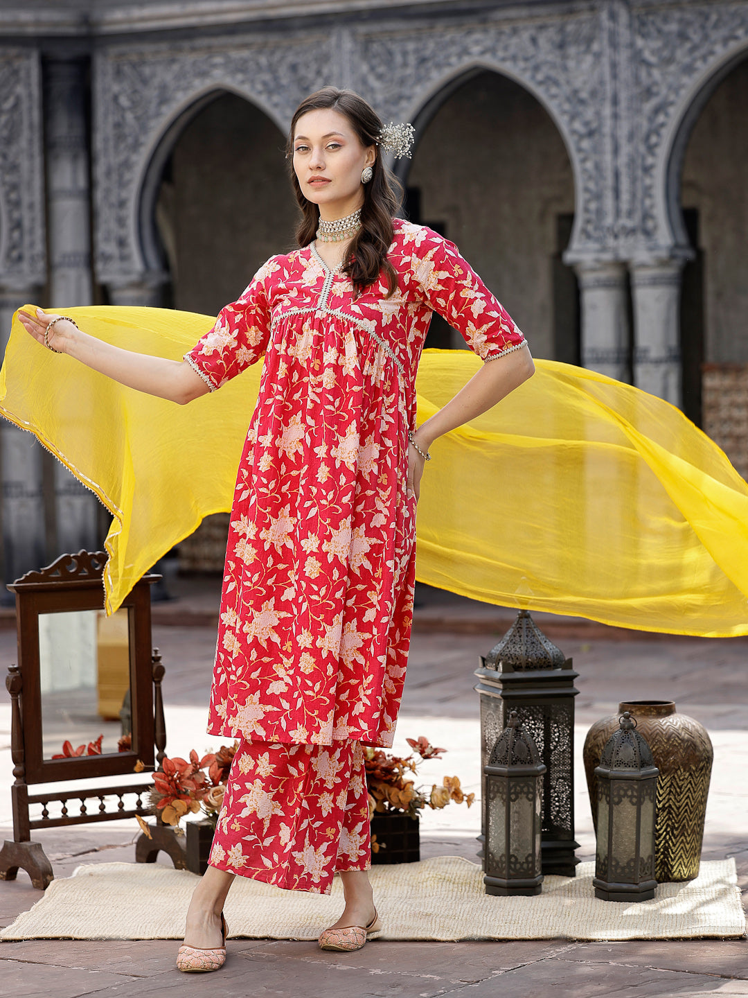 Floral Printed Cotton Pleated Kurta Palazzo Dupatta Set (Pre-Order)