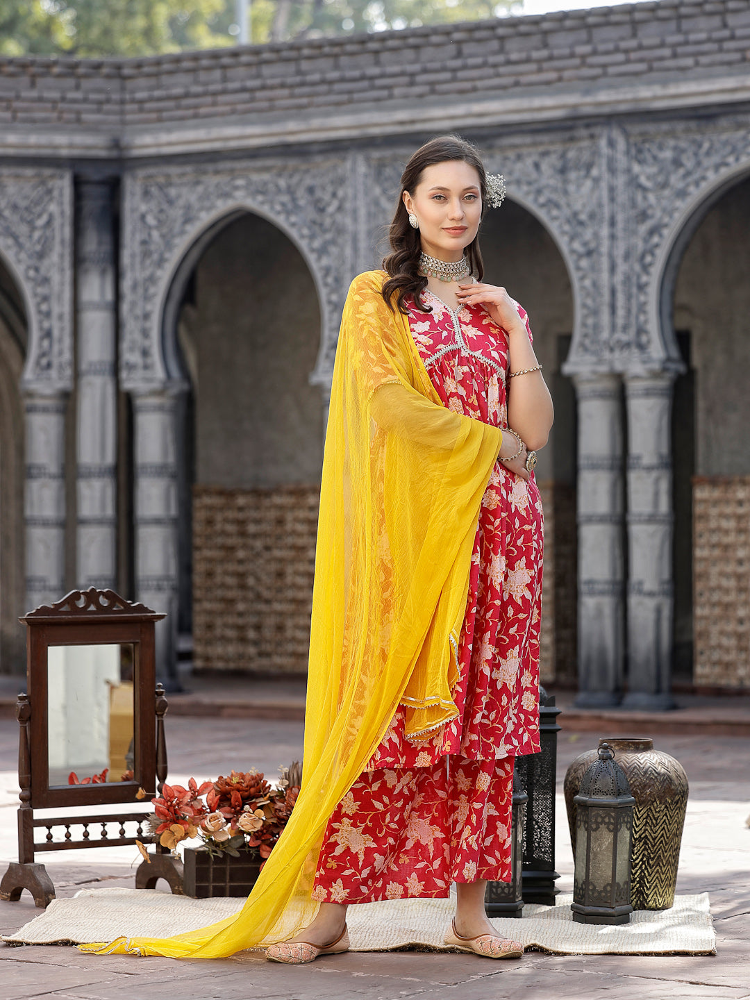 Floral Printed Cotton Pleated Kurta Palazzo Dupatta Set