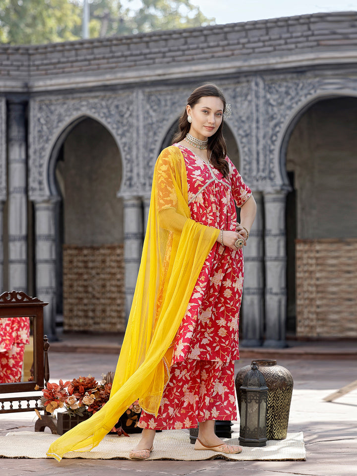 Floral Printed Cotton Pleated Kurta Palazzo Dupatta Set
