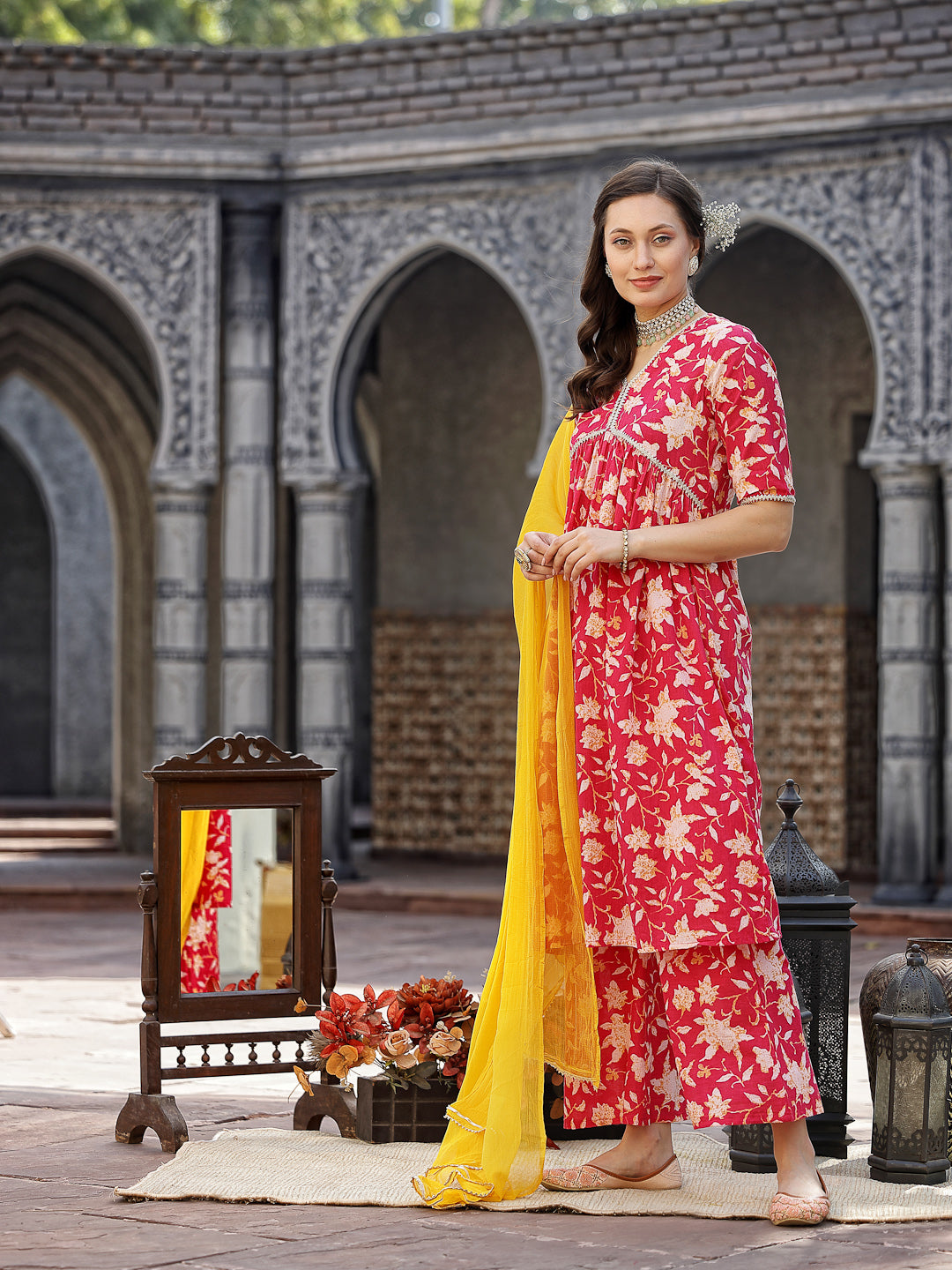 Floral Printed Cotton Pleated Kurta Palazzo Dupatta Set