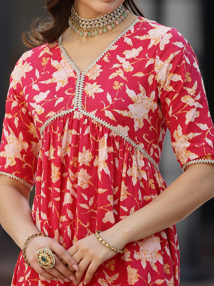 Floral Printed Cotton Pleated Kurta Palazzo Dupatta Set