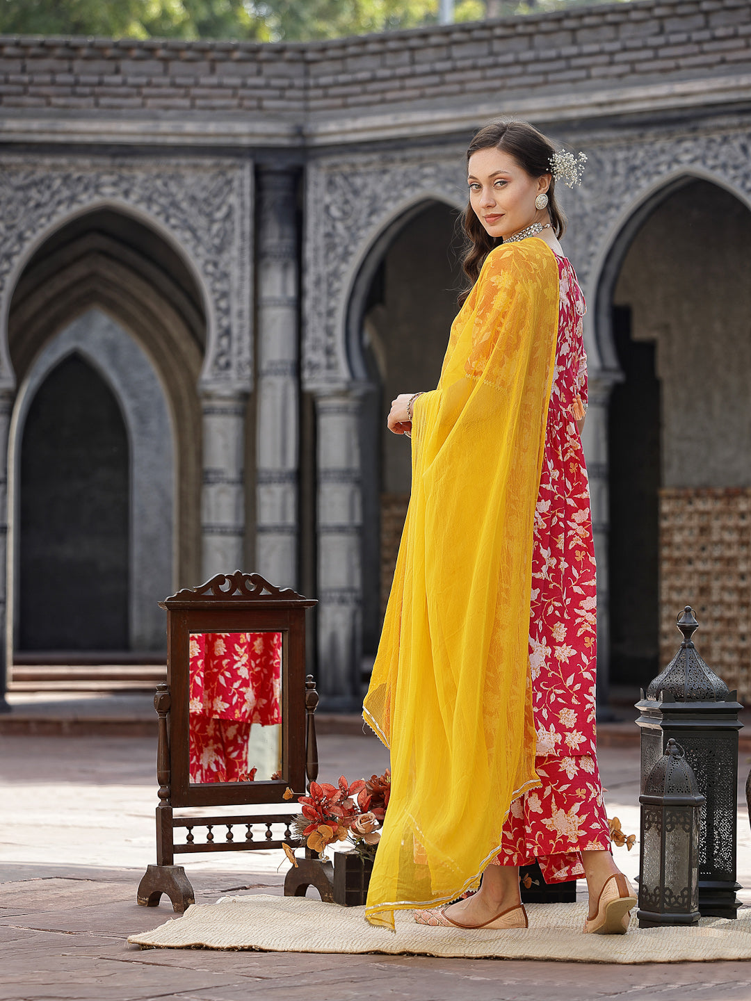 Floral Printed Cotton Pleated Kurta Palazzo Dupatta Set (Pre-Order)