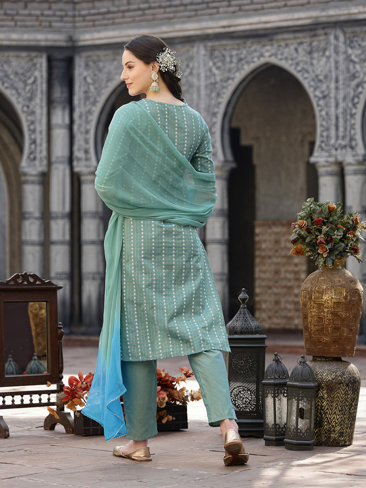 Woven Design &amp; Embroidered Cotton Blend Straight Kurta with Pant &amp; Dupatta