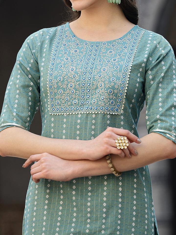 Woven Design &amp; Embroidered Cotton Blend Straight Kurta with Pant &amp; Dupatta