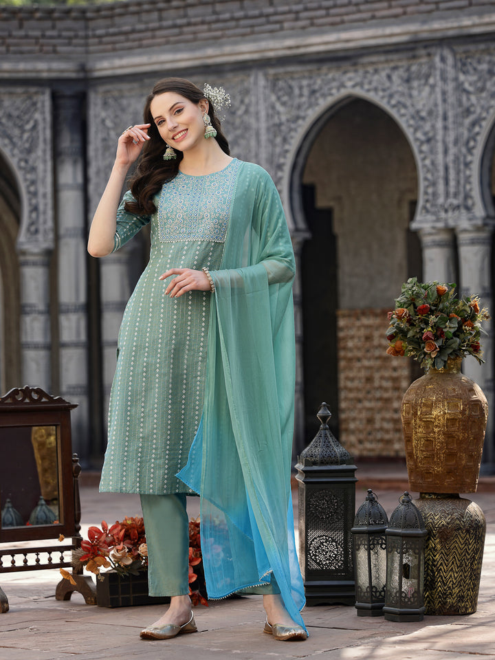 Woven Design &amp; Embroidered Cotton Blend Straight Kurta with Pant &amp; Dupatta