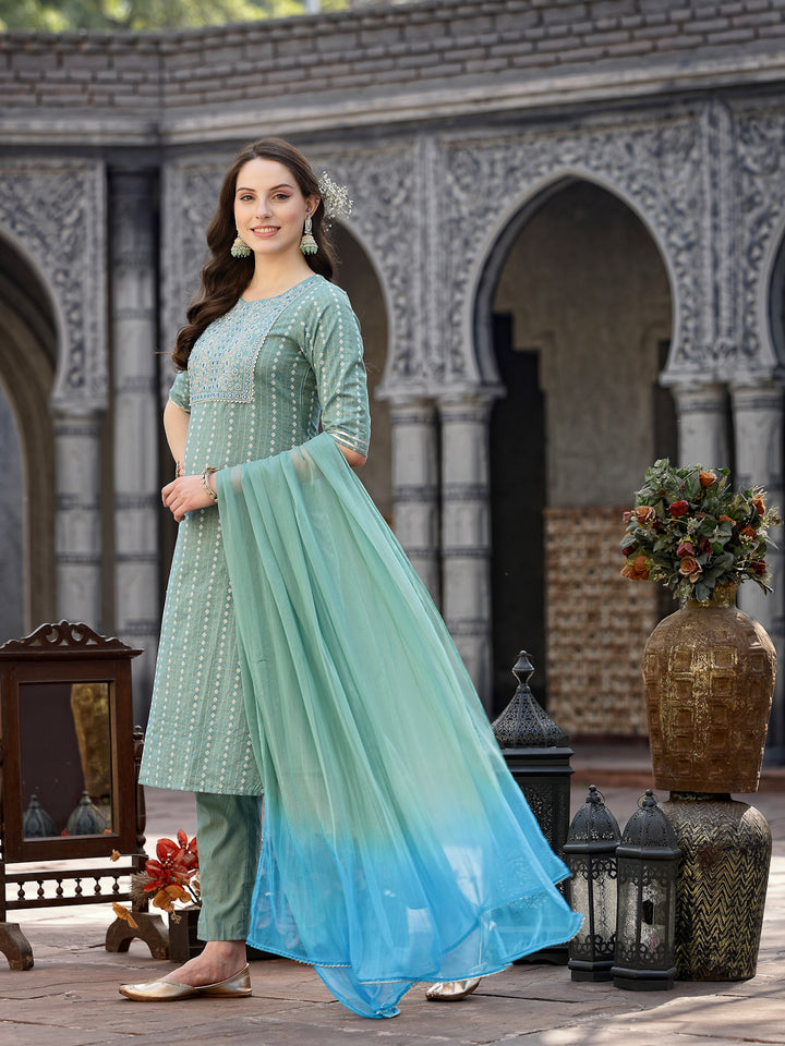 Woven Design &amp; Embroidered Cotton Blend Straight Kurta with Pant &amp; Dupatta