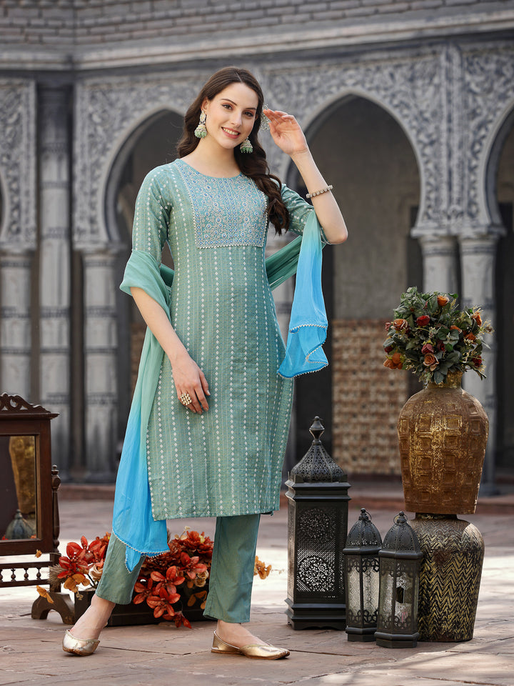 Woven Design &amp; Embroidered Cotton Blend Straight Kurta with Pant &amp; Dupatta