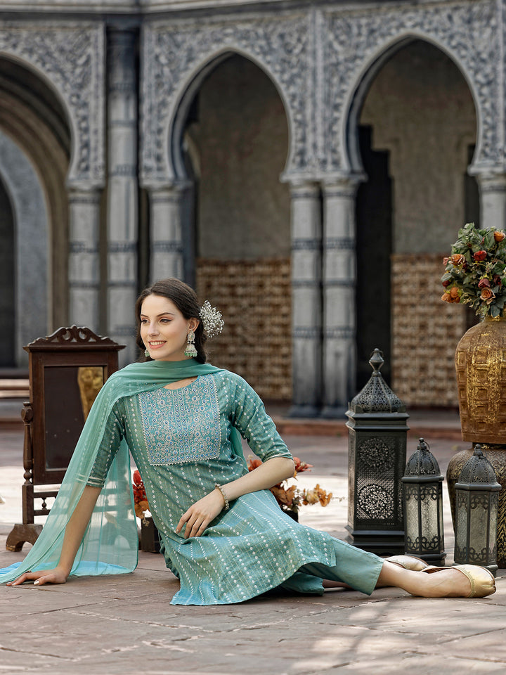Woven Design &amp; Embroidered Cotton Blend Straight Kurta with Pant &amp; Dupatta