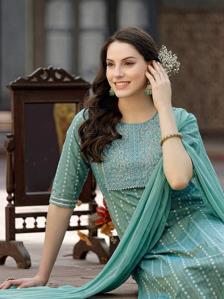 Woven Design &amp; Embroidered Cotton Blend Straight Kurta with Pant &amp; Dupatta