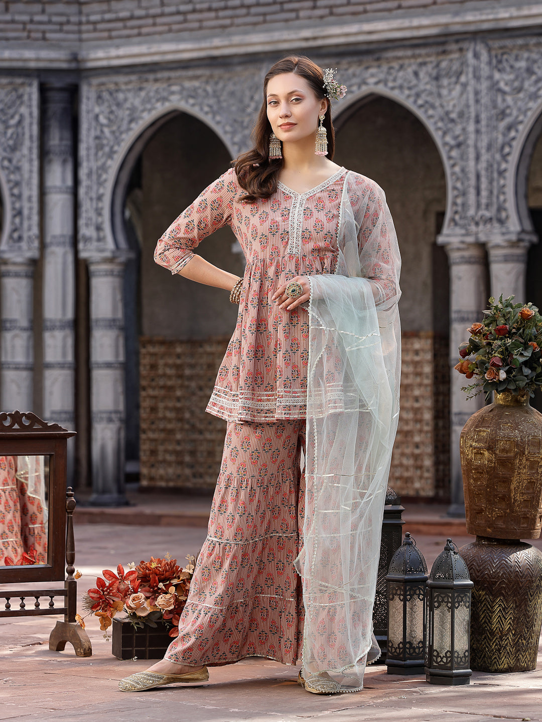 Floral Printed Rayon Kurta Sharara Dupatta Set