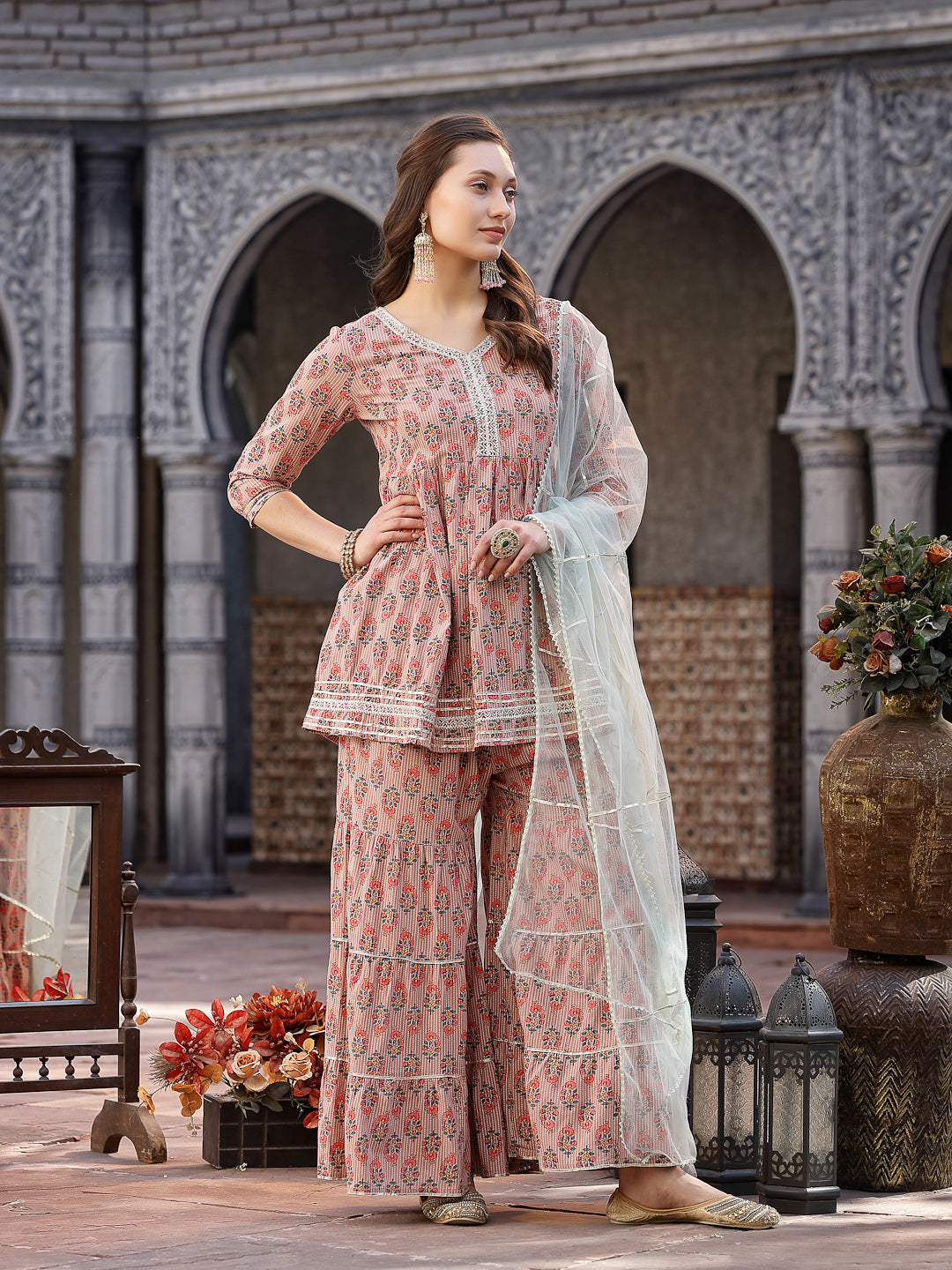 Floral Printed Rayon Kurta Sharara Dupatta Set (Pre-Order)