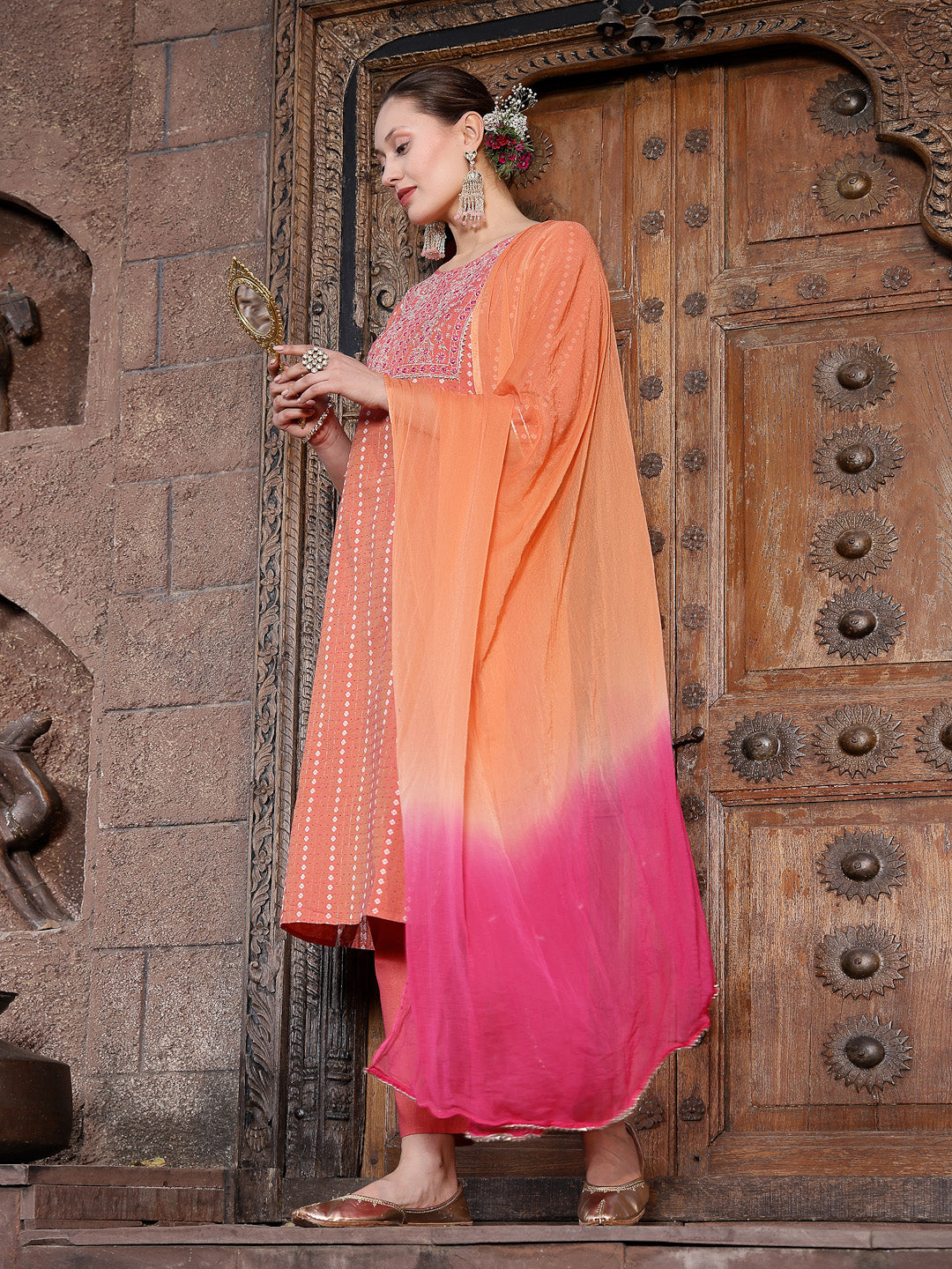 Woven Design &amp; Embroidered Cotton Blend Straight Kurta with Pant &amp; Dupatta