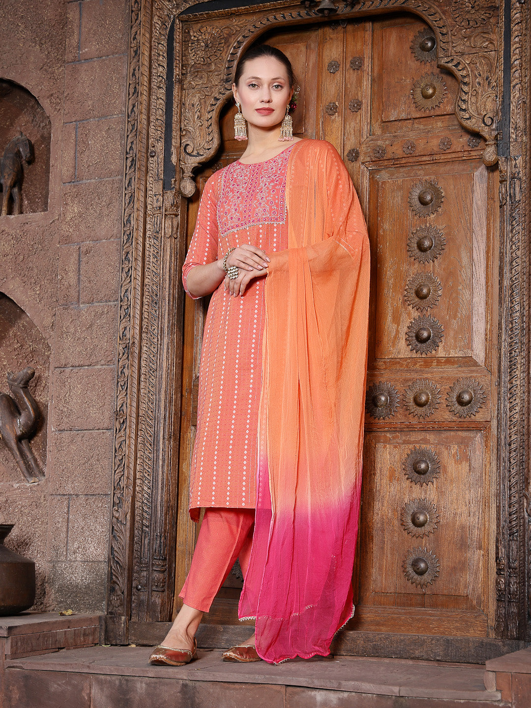 Woven Design &amp; Embroidered Cotton Blend Straight Kurta with Pant &amp; Dupatta