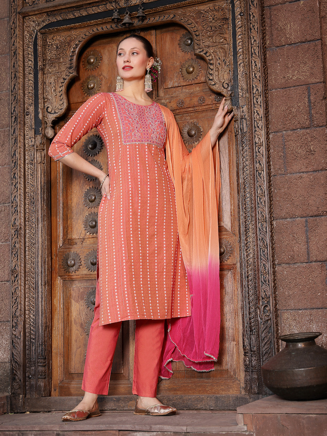 Woven Design &amp; Embroidered Cotton Blend Straight Kurta with Pant &amp; Dupatta