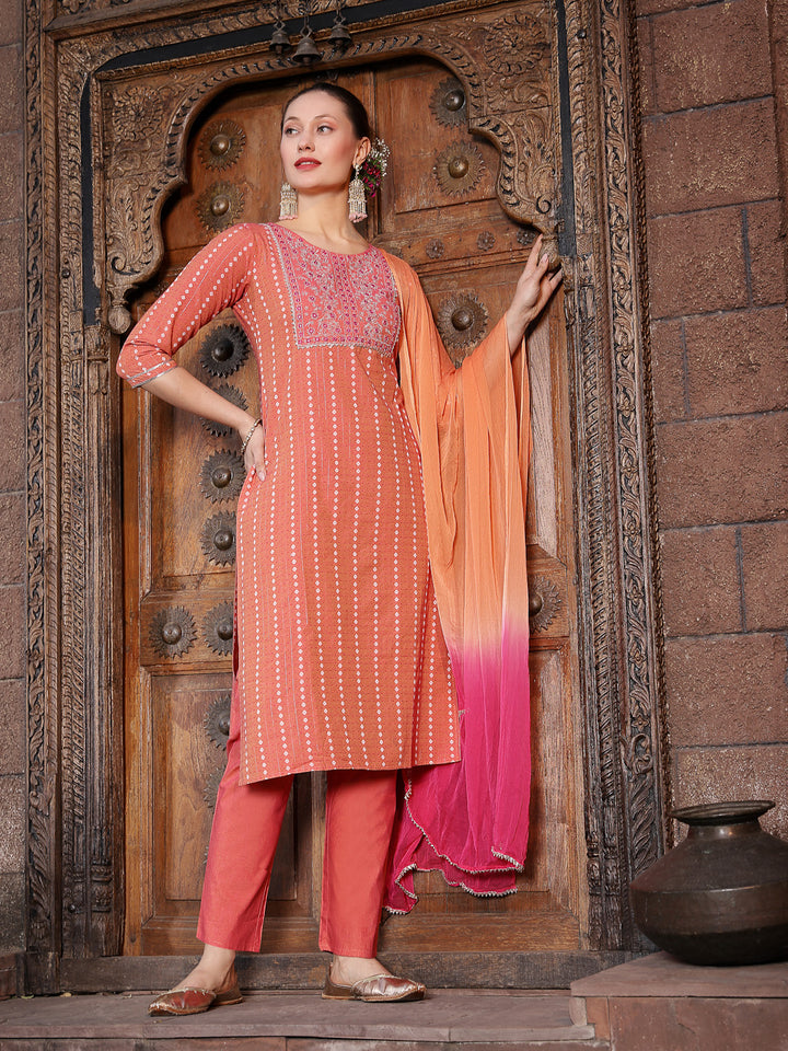 Woven Design &amp; Embroidered Cotton Blend Straight Kurta with Pant &amp; Dupatta