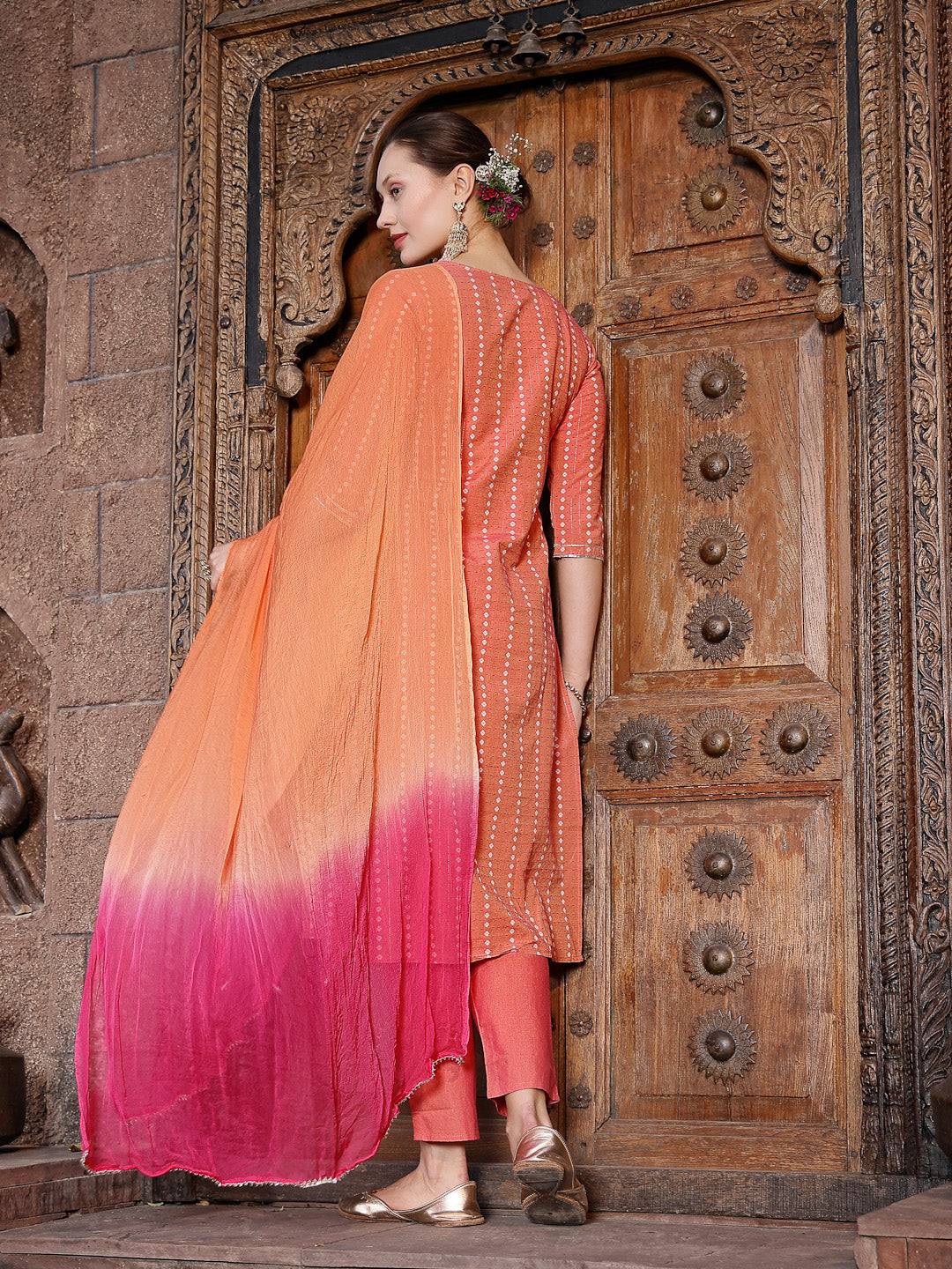 Woven Design &amp; Embroidered Cotton Blend Straight Kurta with Pant &amp; Dupatta