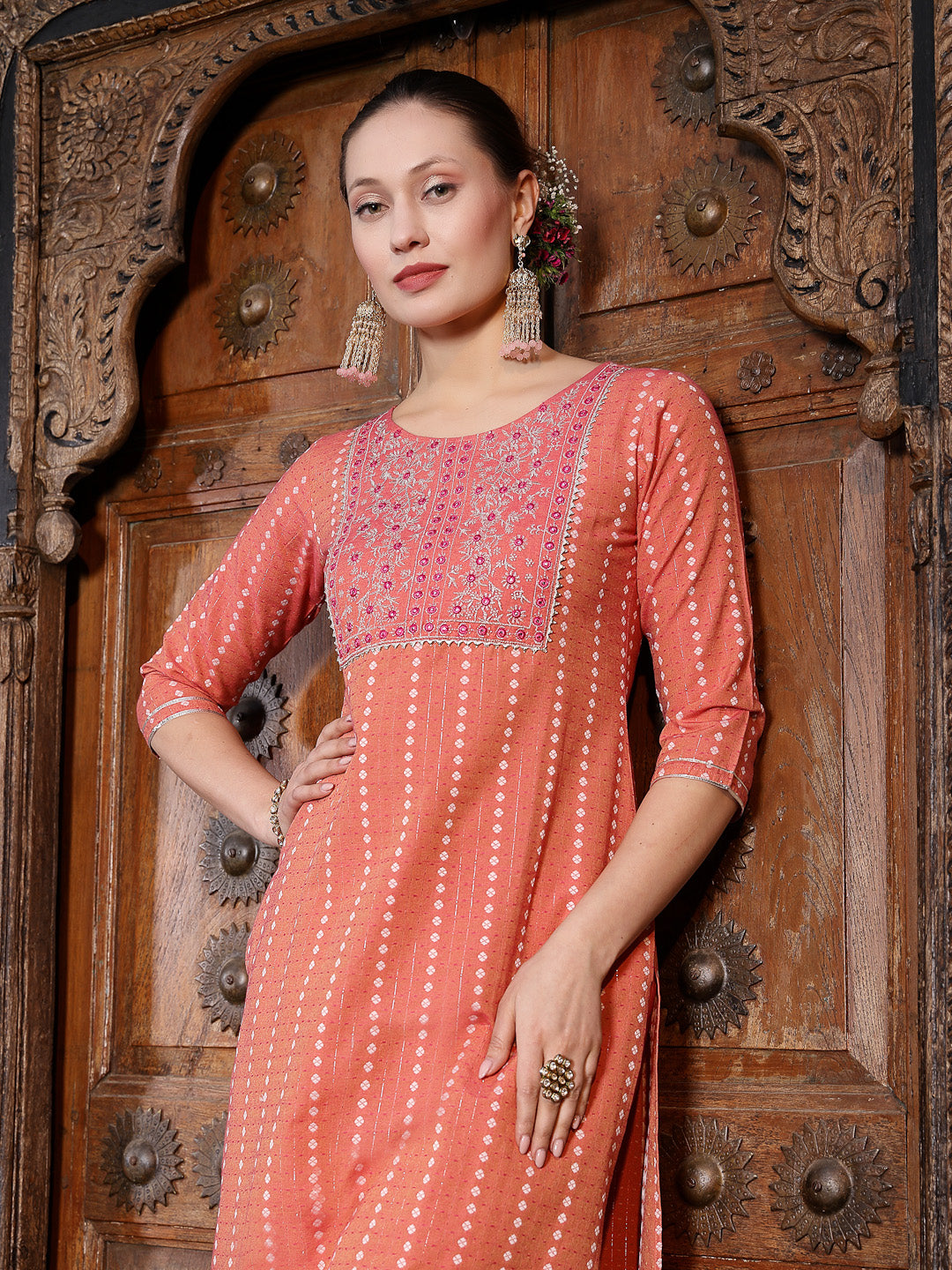 Woven Design &amp; Embroidered Cotton Blend Straight Kurta with Pant &amp; Dupatta