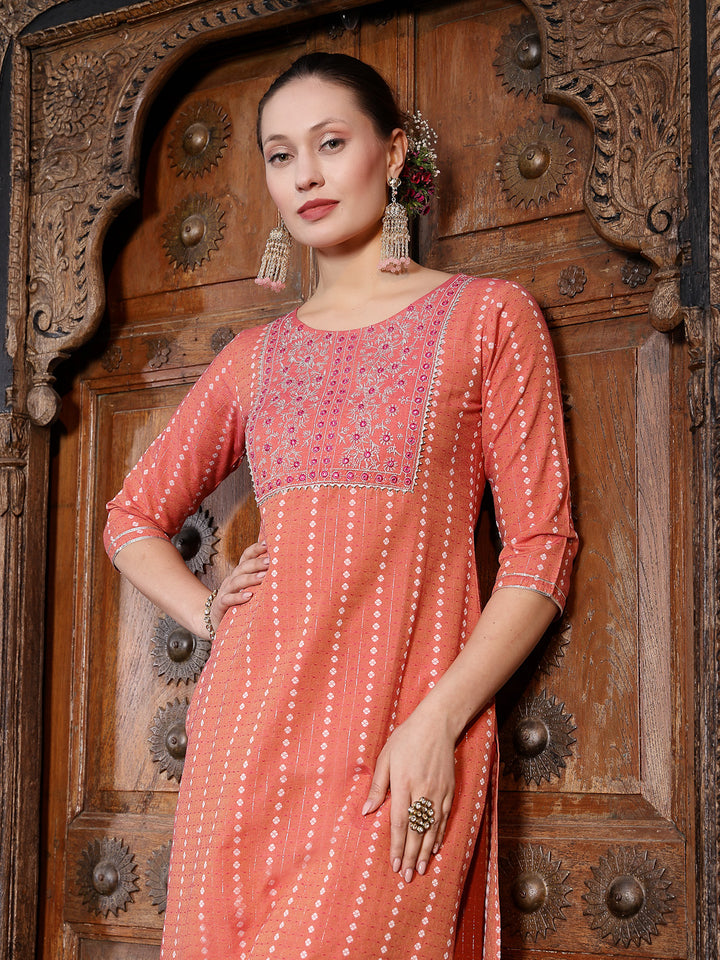 Woven Design &amp; Embroidered Cotton Blend Straight Kurta with Pant &amp; Dupatta