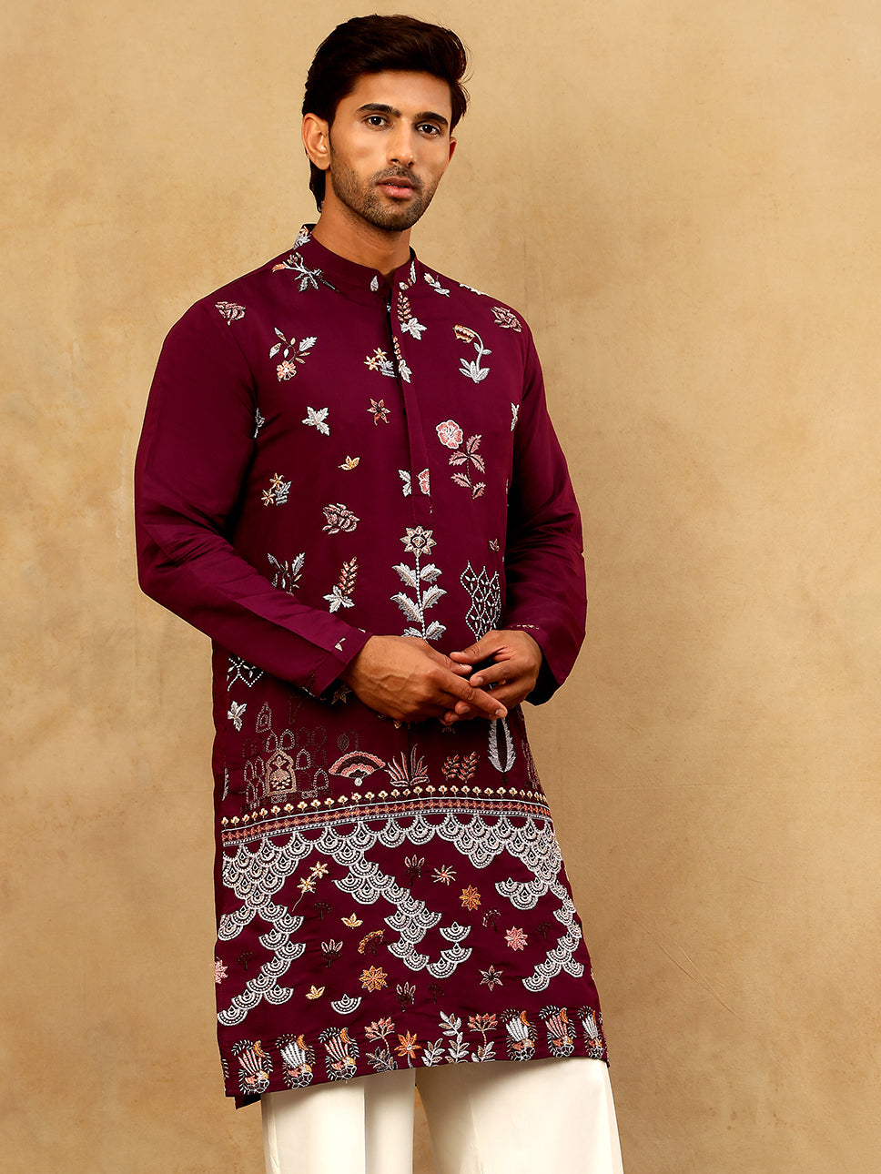 Silk Blend Floral Embroidered Kurta