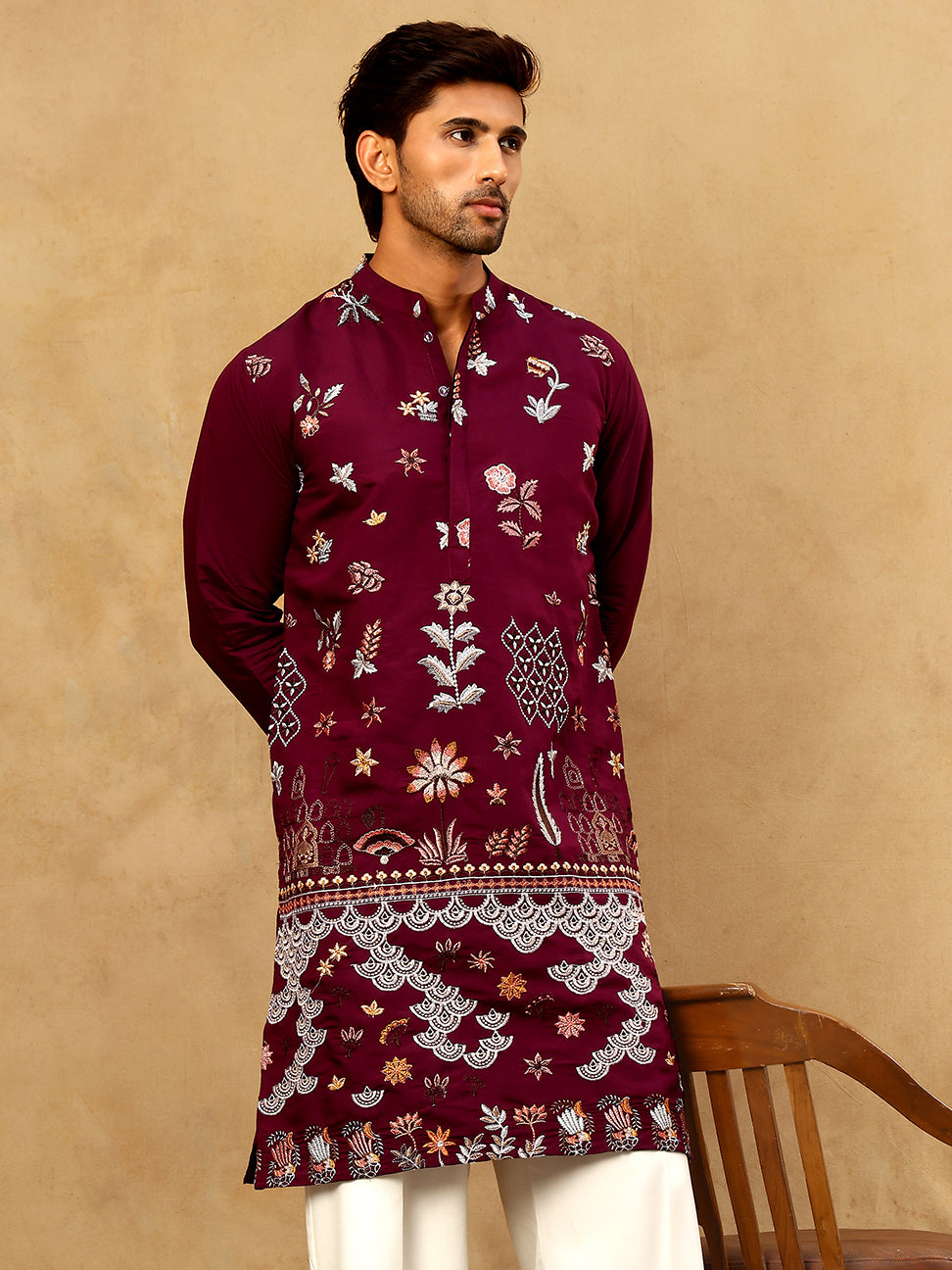 Silk Blend Floral Embroidered Kurta