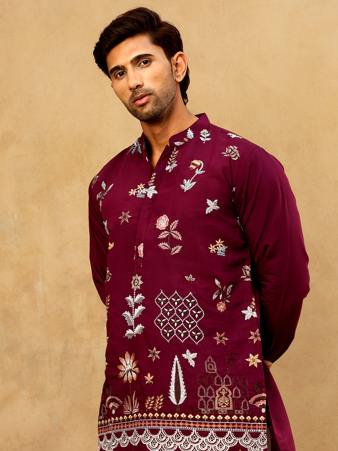 Silk Blend Floral Embroidered Kurta