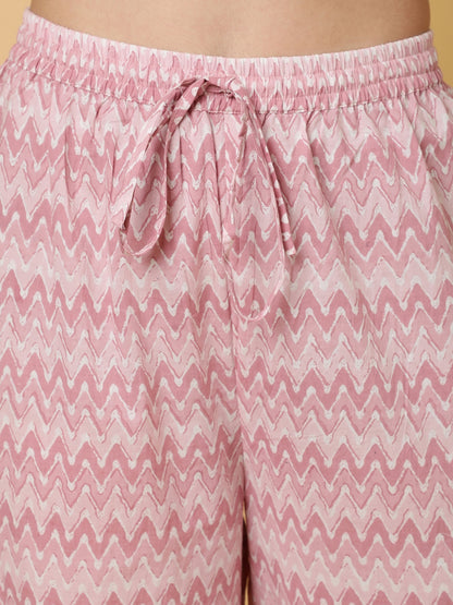 Cotton Calf Length Printed Straight 3/4 Sleeves Round Kurta Bottom Dupatta Set