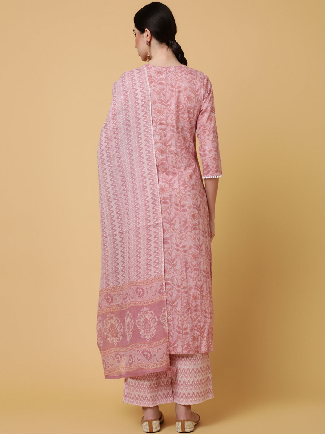 Cotton Calf Length Printed Straight 3/4 Sleeves Round Kurta Bottom Dupatta Set
