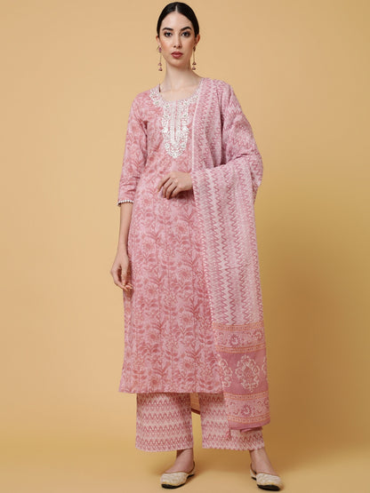 Cotton Calf Length Printed Straight 3/4 Sleeves Round Kurta Bottom Dupatta Set