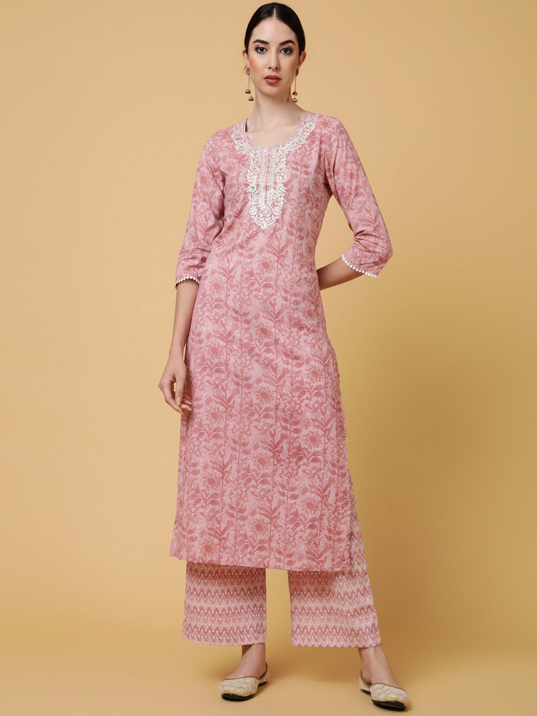 Cotton Calf Length Printed Straight 3/4 Sleeves Round Kurta Bottom Dupatta Set