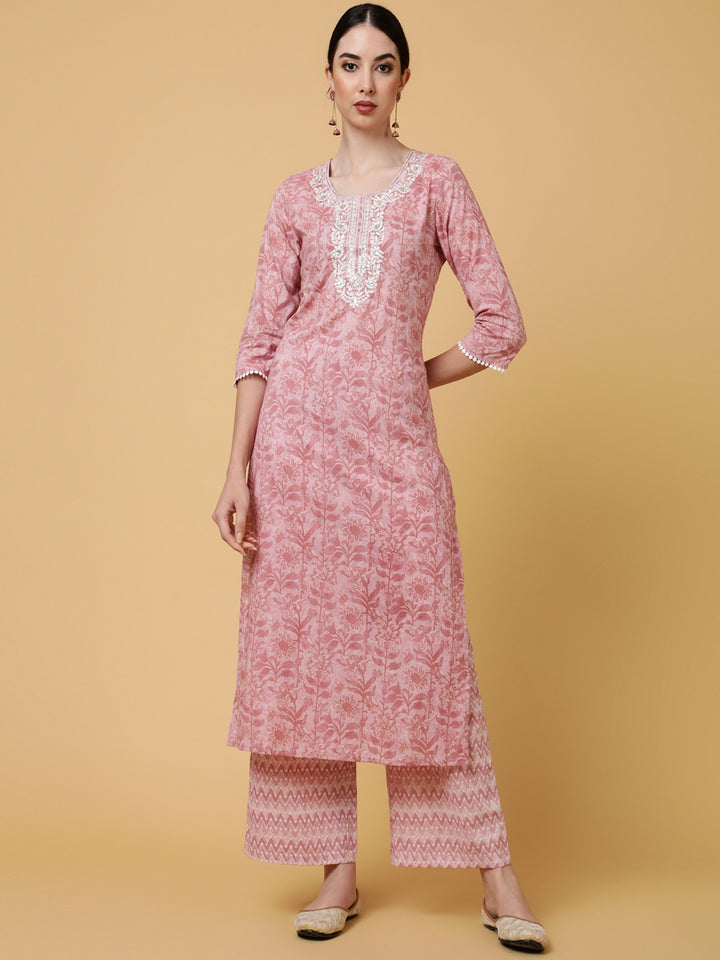 Cotton Calf Length Printed Straight 3/4 Sleeves Round Kurta Bottom Dupatta Set