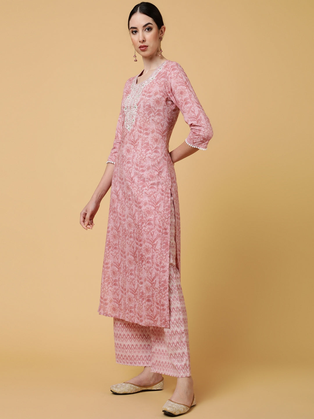 Cotton Calf Length Printed Straight 3/4 Sleeves Round Kurta Bottom Dupatta Set