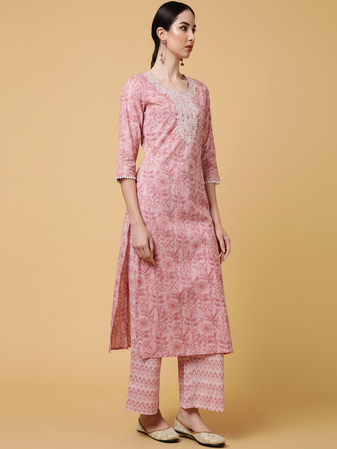 Cotton Calf Length Printed Straight 3/4 Sleeves Round Kurta Bottom Dupatta Set