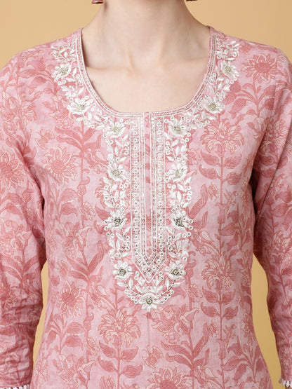 Cotton Calf Length Printed Straight 3/4 Sleeves Round Kurta Bottom Dupatta Set