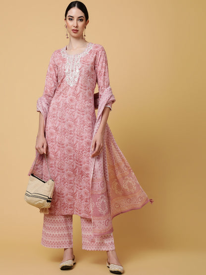 Cotton Calf Length Printed Straight 3/4 Sleeves Round Kurta Bottom Dupatta Set