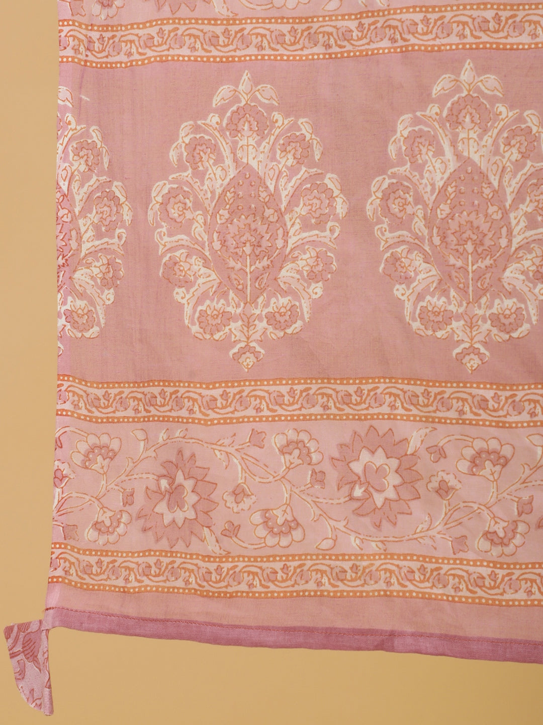 Cotton Calf Length Printed Straight 3/4 Sleeves Round Kurta Bottom Dupatta Set