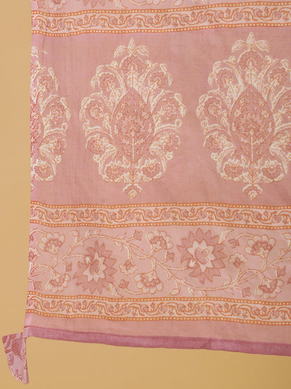 Cotton Calf Length Printed Straight 3/4 Sleeves Round Kurta Bottom Dupatta Set