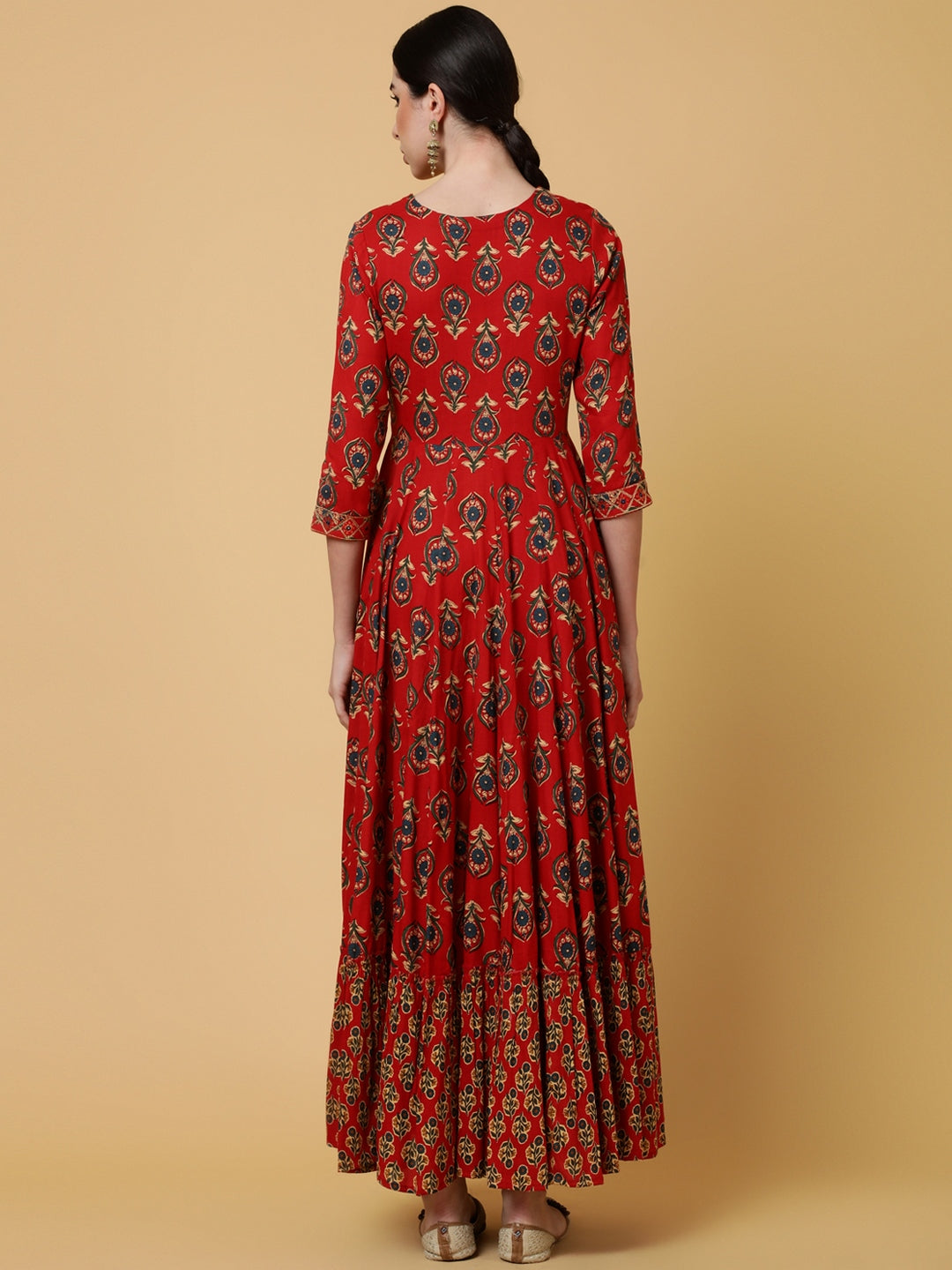 Rayon Ankle Length Printed Flared 3/4 Sleeves Round Kurta