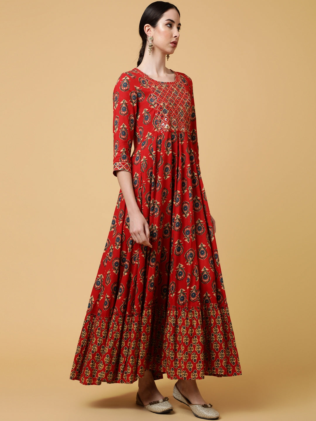 Rayon Ankle Length Printed Flared 3/4 Sleeves Round Kurta