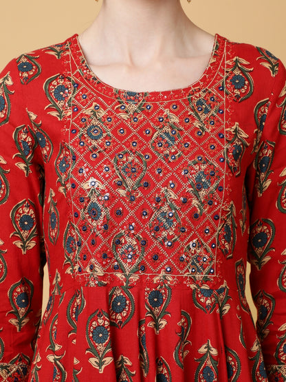 Rayon Ankle Length Printed Flared 3/4 Sleeves Round Kurta
