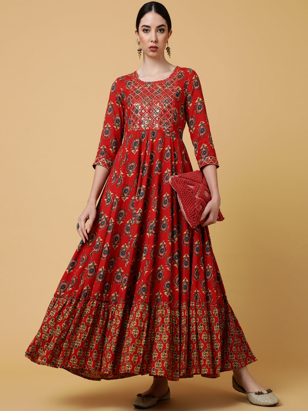 Rayon Ankle Length Printed Flared 3/4 Sleeves Round Kurta