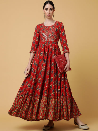 Rayon Ankle Length Printed Flared 3/4 Sleeves Round Kurta