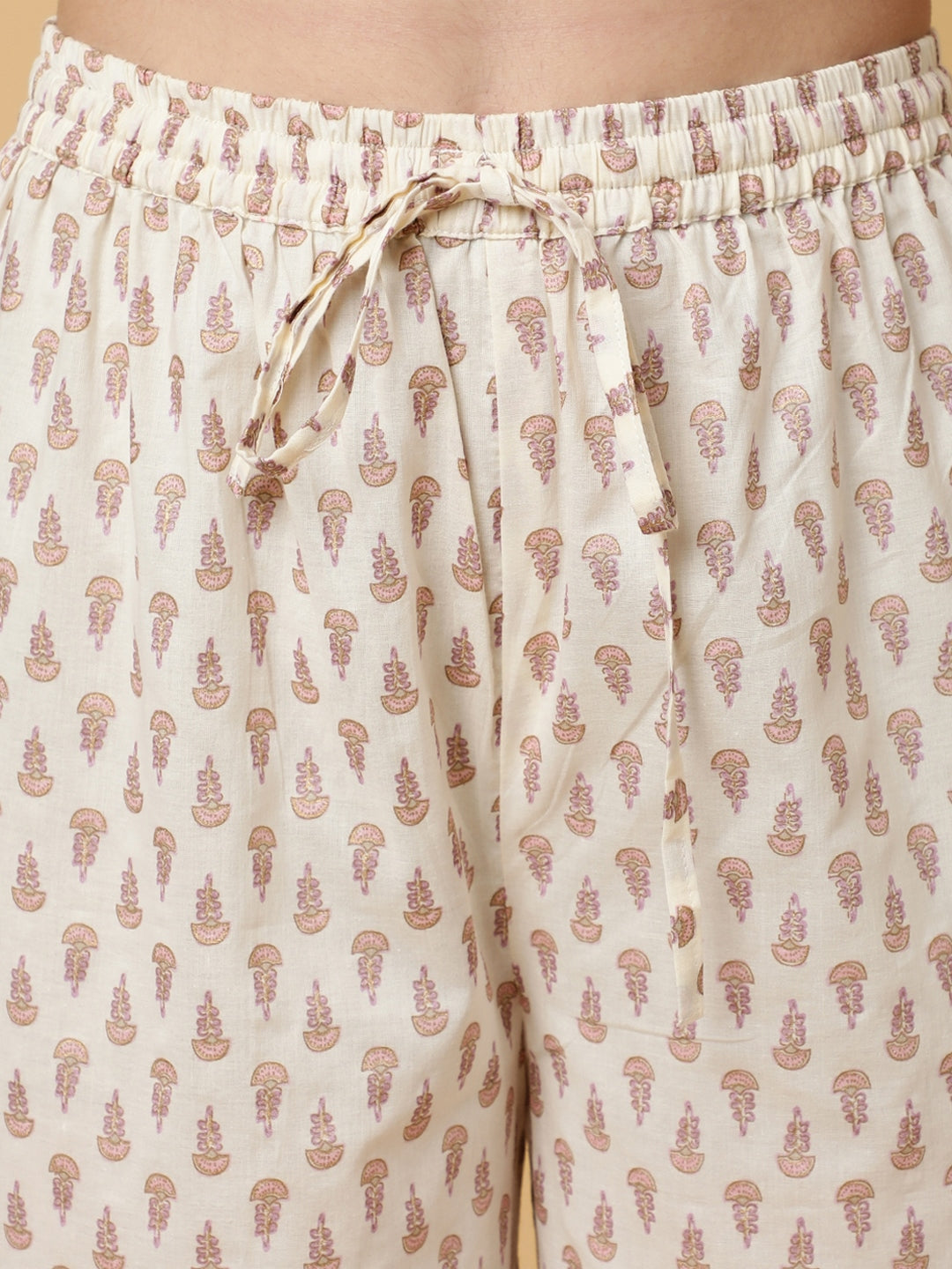 Cotton Calf Length Printed Flared 3/4 Sleeves V-Neck Kurta Bottom Dupatta Set