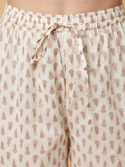 Cotton Calf Length Printed Flared 3/4 Sleeves V-Neck Kurta Bottom Dupatta Set