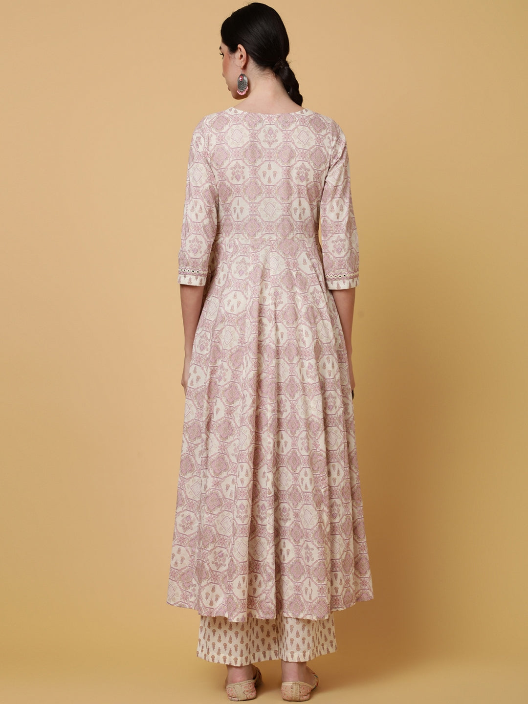 Cotton Calf Length Printed Flared 3/4 Sleeves V-Neck Kurta Bottom Dupatta Set